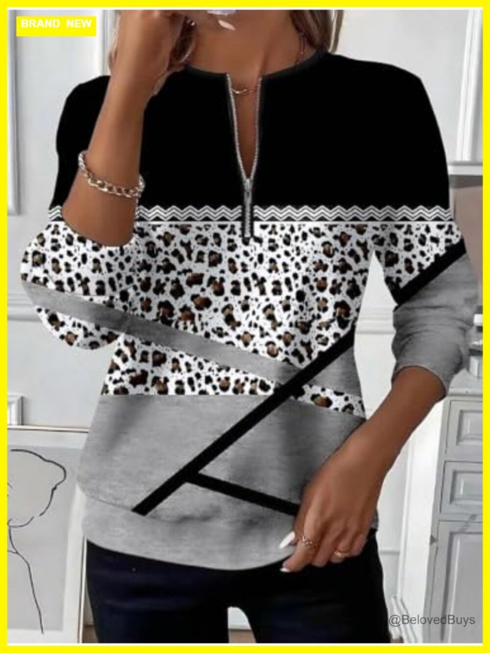 Leopard Color Block Half Zip Long Sleeve Sweatshirt Pullover Top